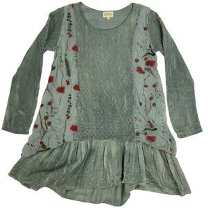 Signals Womens L Tunic Top Ruffle Embroidered Boho Lagenlook‎ Waffle Knit Sleeve